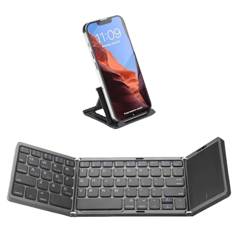 B089T Pocket Size Tri-fold Touchpad Bluetooth-compatible Keyboard for Android  /  Windows  /  iOS, with Phone Bracket