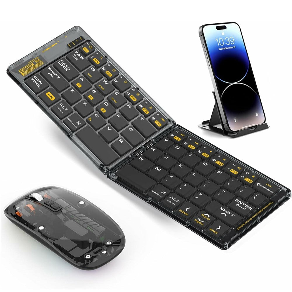 F01C Mini Foldable Bluetooth-compatible Keyboard Mouse Set with Phone Stand Rechargeable Wireless Triple Device Connection Keyboard Mouse