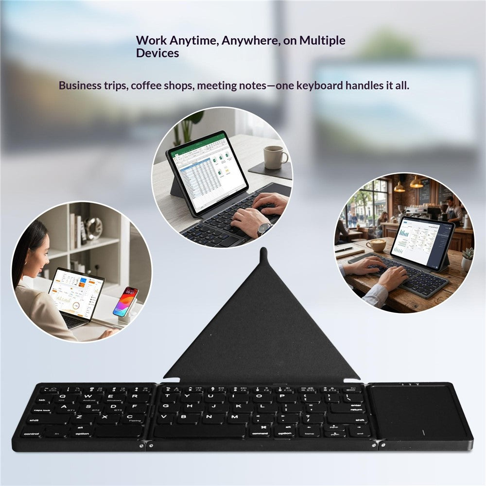 B089T 61-Key Triple-Fold Bluetooth-Compatible Keyboard with Touchpad Built-in Bracket for Phone Tablet PC