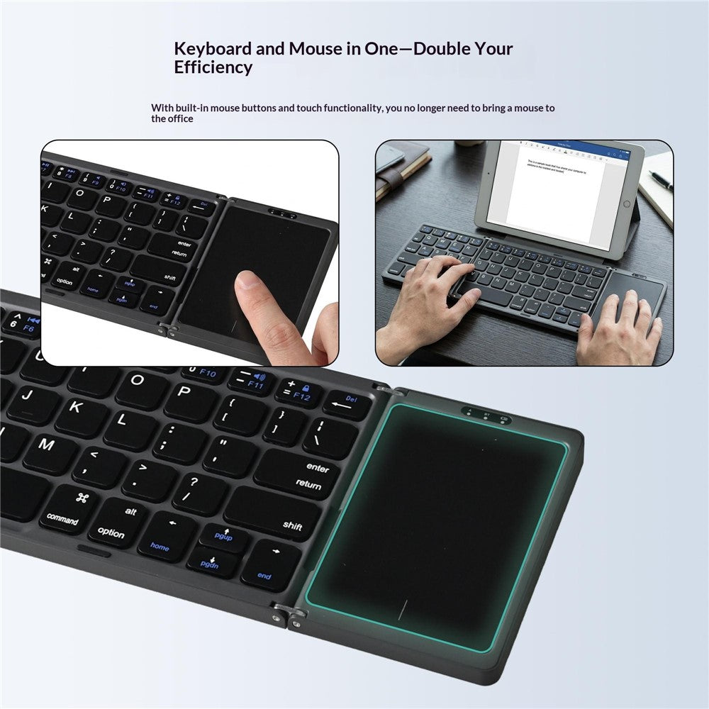 B089T 61-Key Triple-Fold Bluetooth-Compatible Keyboard with Touchpad Built-in Bracket for Phone Tablet PC