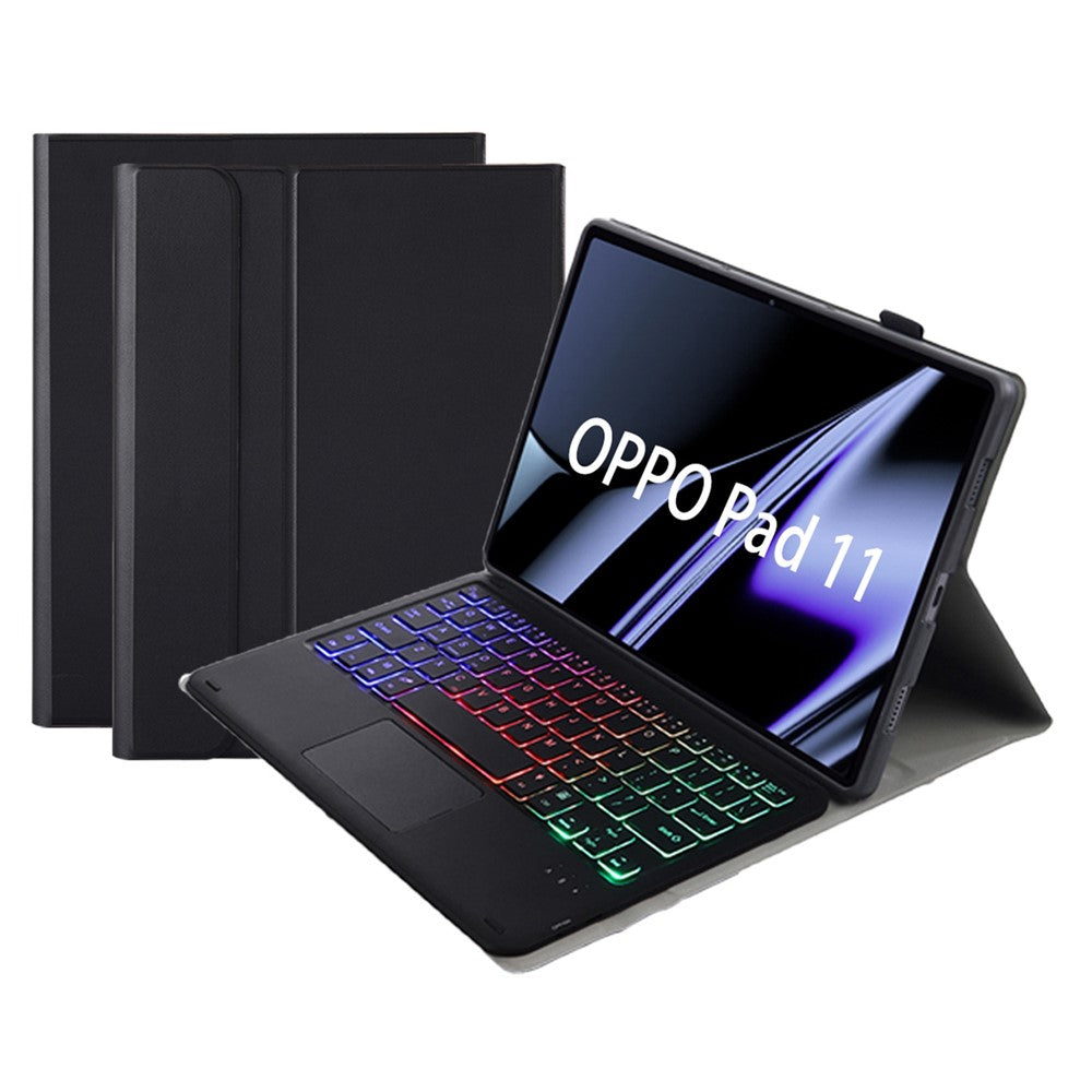 OP11-AS Til Oppo Pad 11-tommer PU-læder beskyttelsesetui + aftageligt Bluetooth-kompatibelt tastatur med 3-farvet baggrundsbelysning / TouchPad