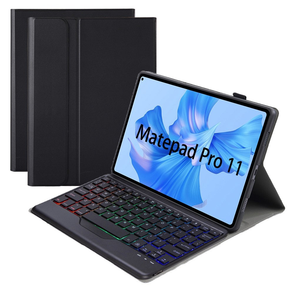 AHW12-BS For Huawei MatePad Pro 11 (2022) Leather Stand Cover Protective Case with Detachable Tri-color Backlight Bluetooth-compatible Keyboard