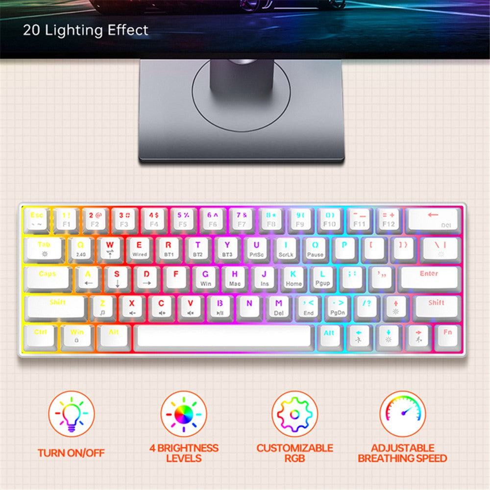 T-WOLF T30 Mekanisk Tastatur Kablet + Trådløst + Bluetooth-kompatibelt 3-Mode RGB Gaming Tastatur 63 Taster