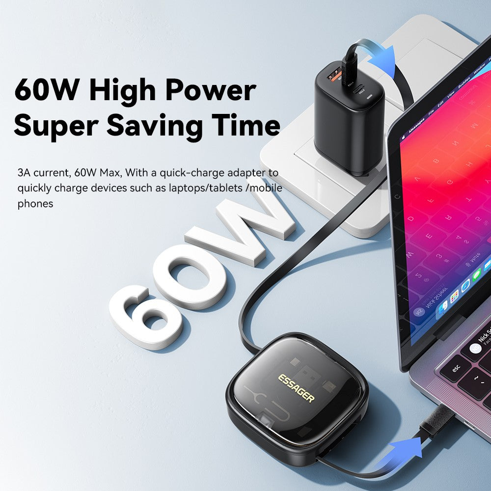 ESSAGER Integreret USB-C Adapter Kabel Kit Opladerkabel Etui Konverter Indeholder Kortplads Telefonholder Design til Rejsebrug