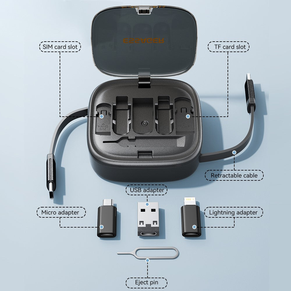 ESSAGER Integreret USB-C Adapter Kabel Kit Opladerkabel Etui Konverter Indeholder Kortplads Telefonholder Design til Rejsebrug