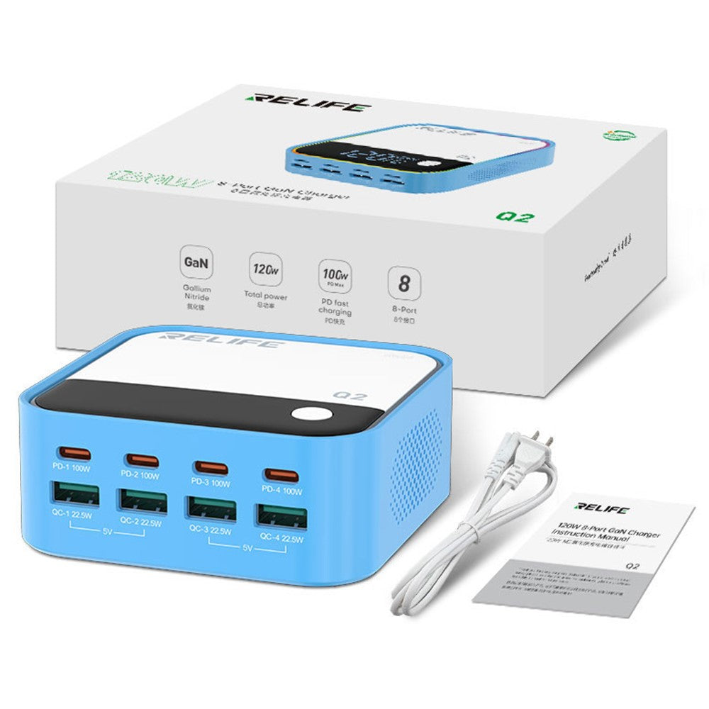 RELIFE Q2 120W GaN Charger 8 Port Desktop Charging Station Intelligent Charging Protection