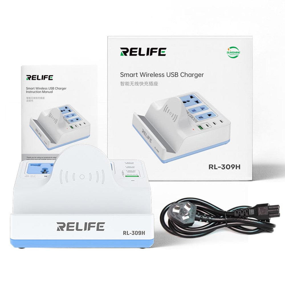 RELIFE RL-309H 72W Integreret Skrivebords Smart Stik med 15W Trådløs Opladning til Telefon, Tablet, Laptops