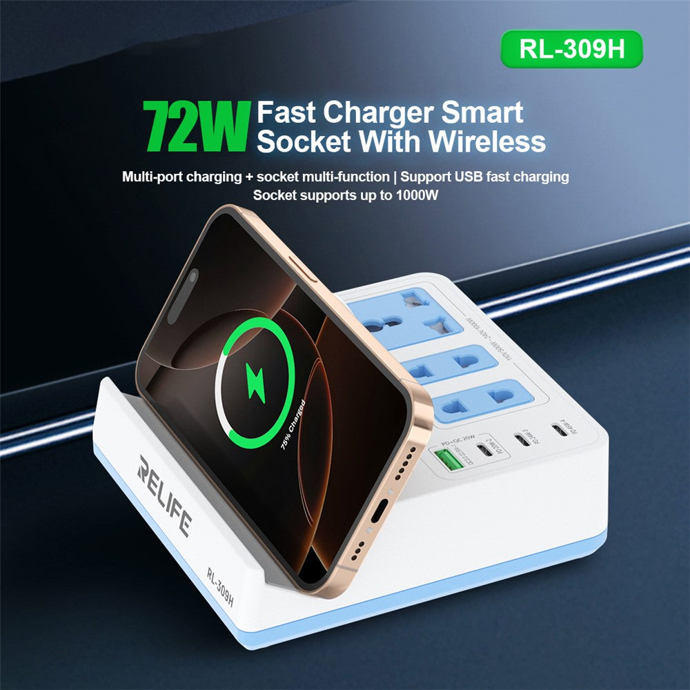 RELIFE RL-309H 72W Integreret Skrivebords Smart Stik med 15W Trådløs Opladning til Telefon, Tablet, Laptops
