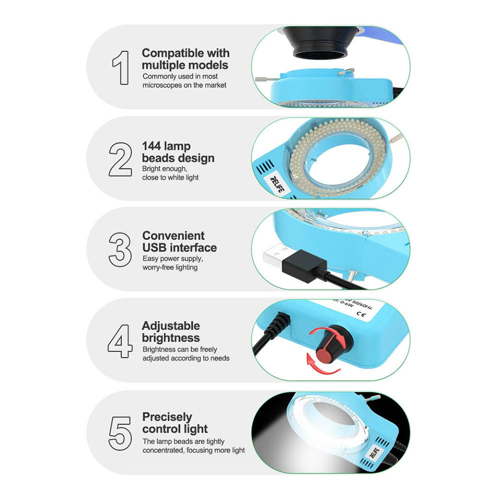 RELIFE RL-033M USB Microscope Light Source 144 LED Beads 10000 - 12000K Microscope Soldering Tool