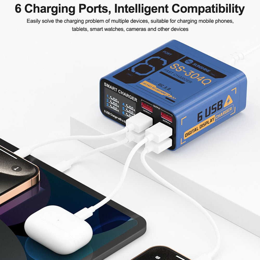 SUNSHINE SS-304Q 6-Port USB Charger Smart Digital Display Fast Charging Desktop Charging Station