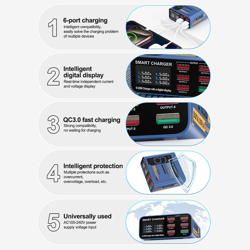SUNSHINE SS-304Q 6-Port USB Charger Smart Digital Display Fast Charging Desktop Charging Station