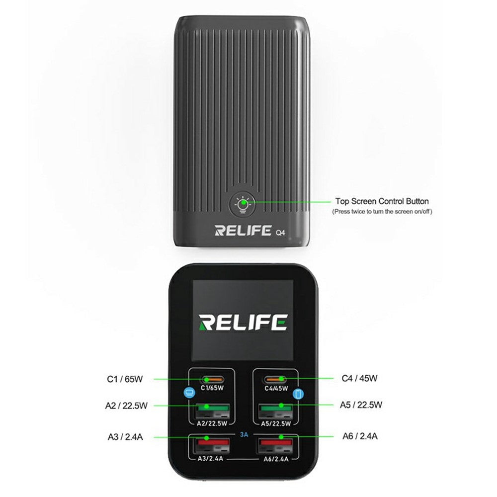 RELIFE Q4 Smart 6-Port Fast Charger 72W Dual PD  /  Dual QC TFT HD Color Screen Smart Sleep Mode For Home  /  Office Use