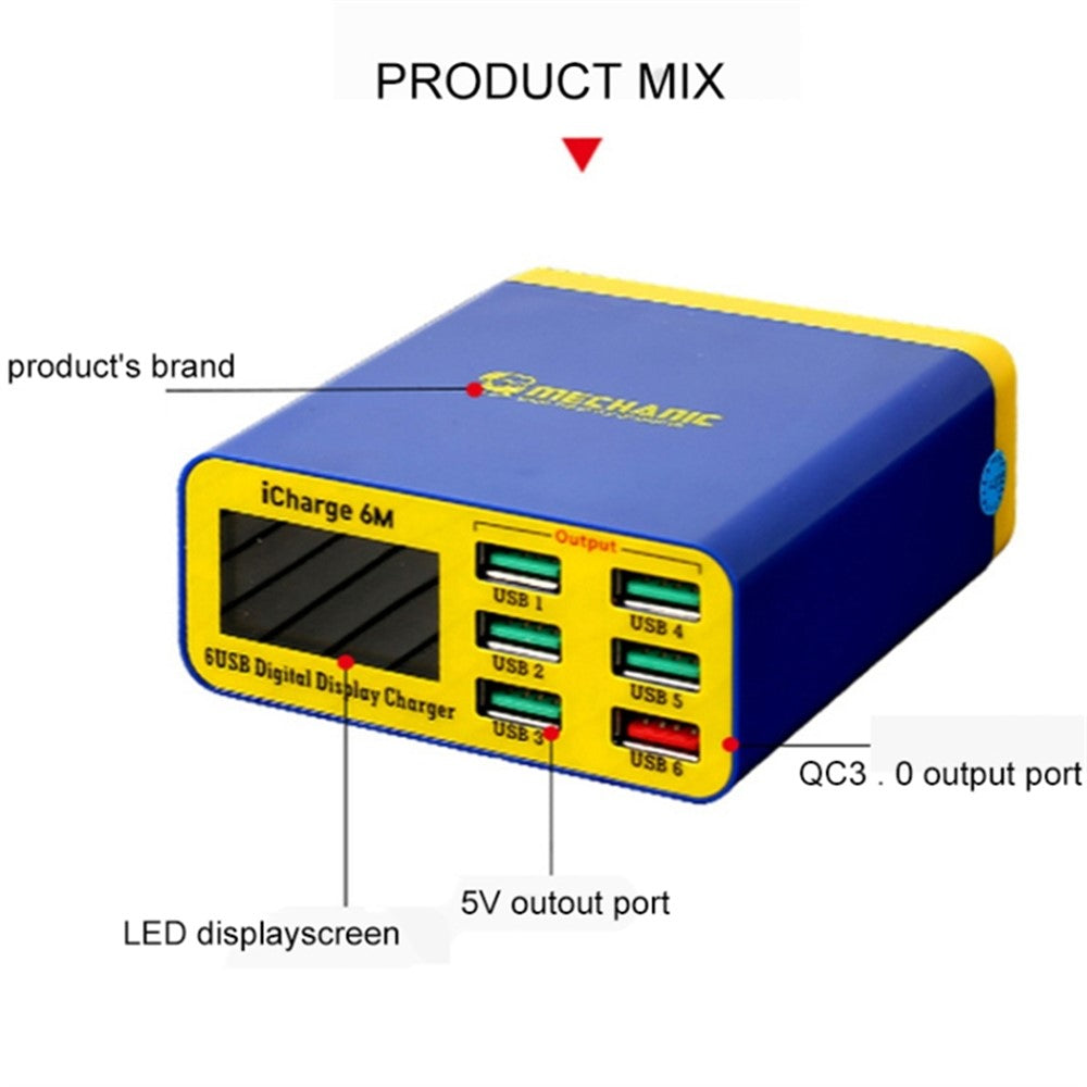 MECHANIC 6M QC 3.0 USB Smart Charger Fast Charging Station with LCD Display for Smartphones / Tablets