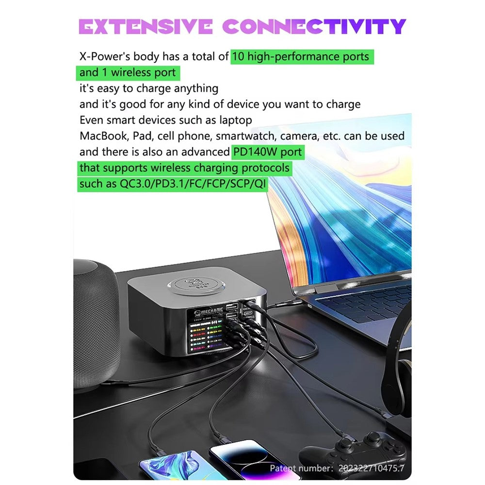 MECHANIC X-Power 150W USB Charging Station Wireless Charger 10-Port Digital Display Power Supply Device