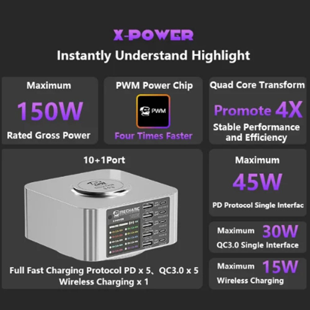 MECHANIC X-Power 150W USB Charging Station Wireless Charger 10-Port Digital Display Power Supply Device