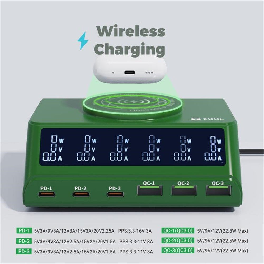 2UUL PC11 110W Multi-Port PD + QC Desktop Charging Station Wireless Pad LCD Display for Phones / Tablets / Laptops