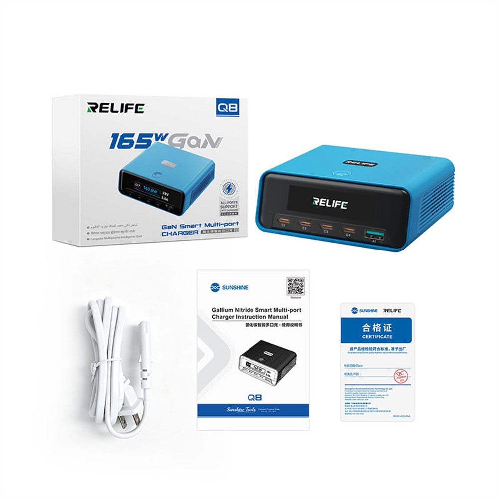 RELIFE Q8 165W GaN Oplader 5-port USB-C PD 140W Multi Device Hurtigopladningsstation til Laptop Telefon