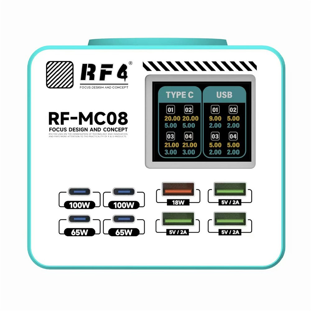 RF4 RF-MC08 LCD Screen 8-Port Charger with 4 USB-C + 4 USB-A Ports 100W Fast Charging Station for Laptop