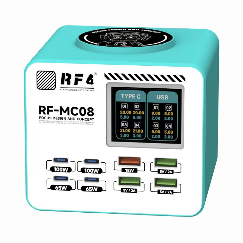 RF4 RF-MC08 LCD Screen 8-Port Charger with 4 USB-C + 4 USB-A Ports 100W Fast Charging Station for Laptop