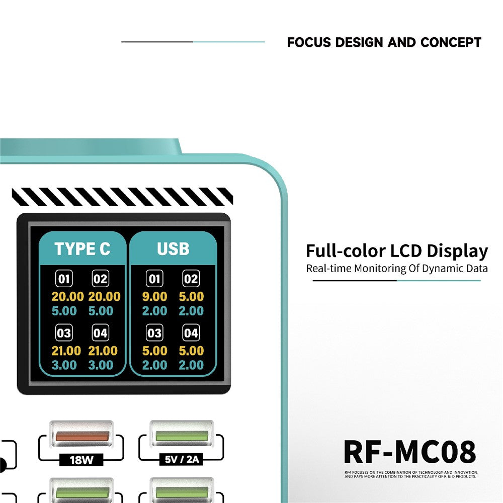RF4 RF-MC08 LCD Screen 8-Port Charger with 4 USB-C + 4 USB-A Ports 100W Fast Charging Station for Laptop