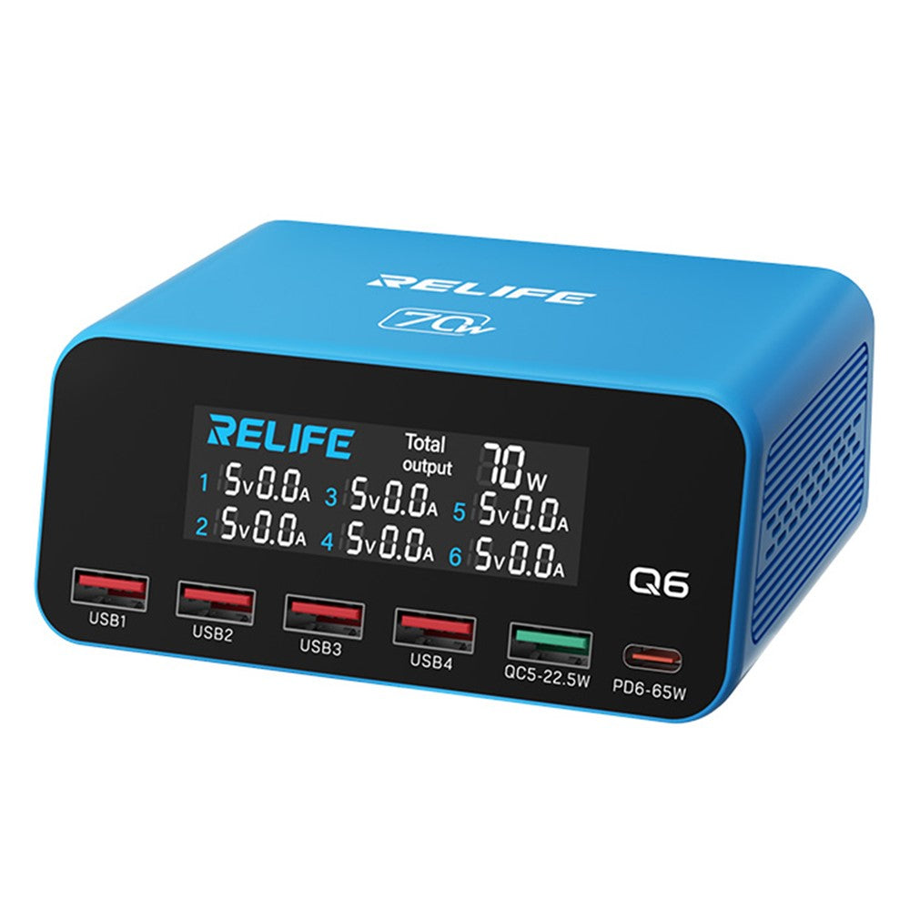 RELIFE Q6 70W 6-Port Smart Charger PD+QC 65W Type-C Fast Charging Tool