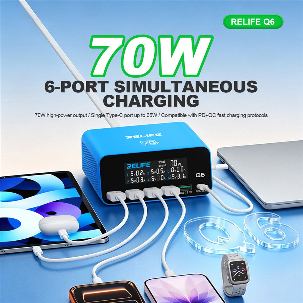 RELIFE Q6 70W 6-Port Smart Charger PD+QC 65W Type-C Fast Charging Tool