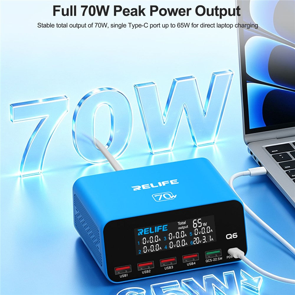 RELIFE Q6 70W 6-Port Smart Charger PD+QC 65W Type-C Fast Charging Tool