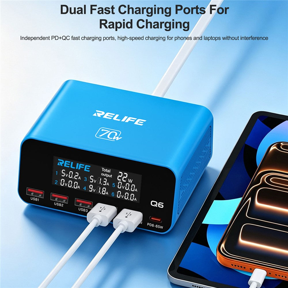 RELIFE Q6 70W 6-Port Smart Charger PD+QC 65W Type-C Fast Charging Tool