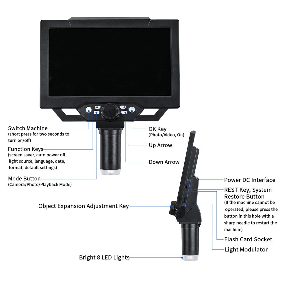 G1600 9 Inch LCD Industrial Electronic Microscope 1-1600x Adjustable Focus with LED Lights, Plug-in Version