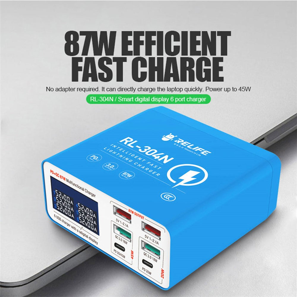 RELIFE RL-304N Smart Multiports USB Charger Station with LCD Display 6 Ports Fast Charging Station Hub
