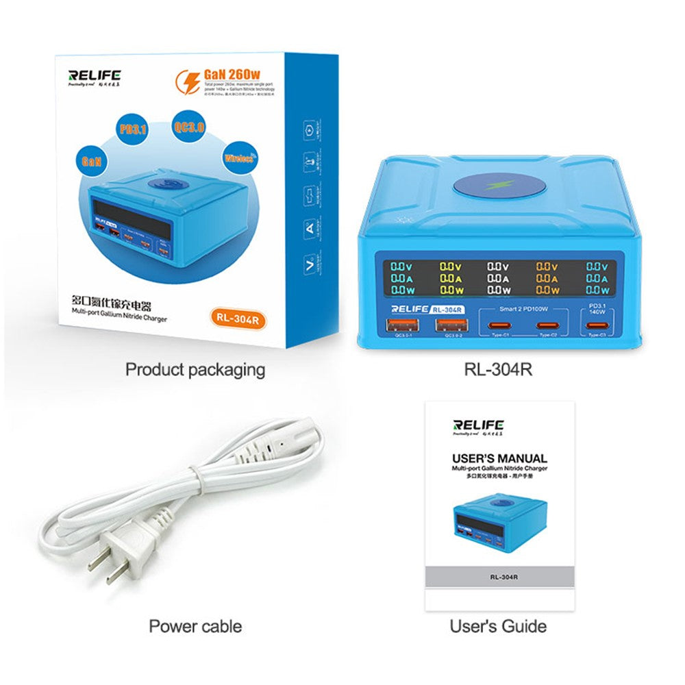 RELIFE RL-304R 260W GAN Charger Multi-Port Flash Charger 15W Wireless Charger with Touch LCD Display