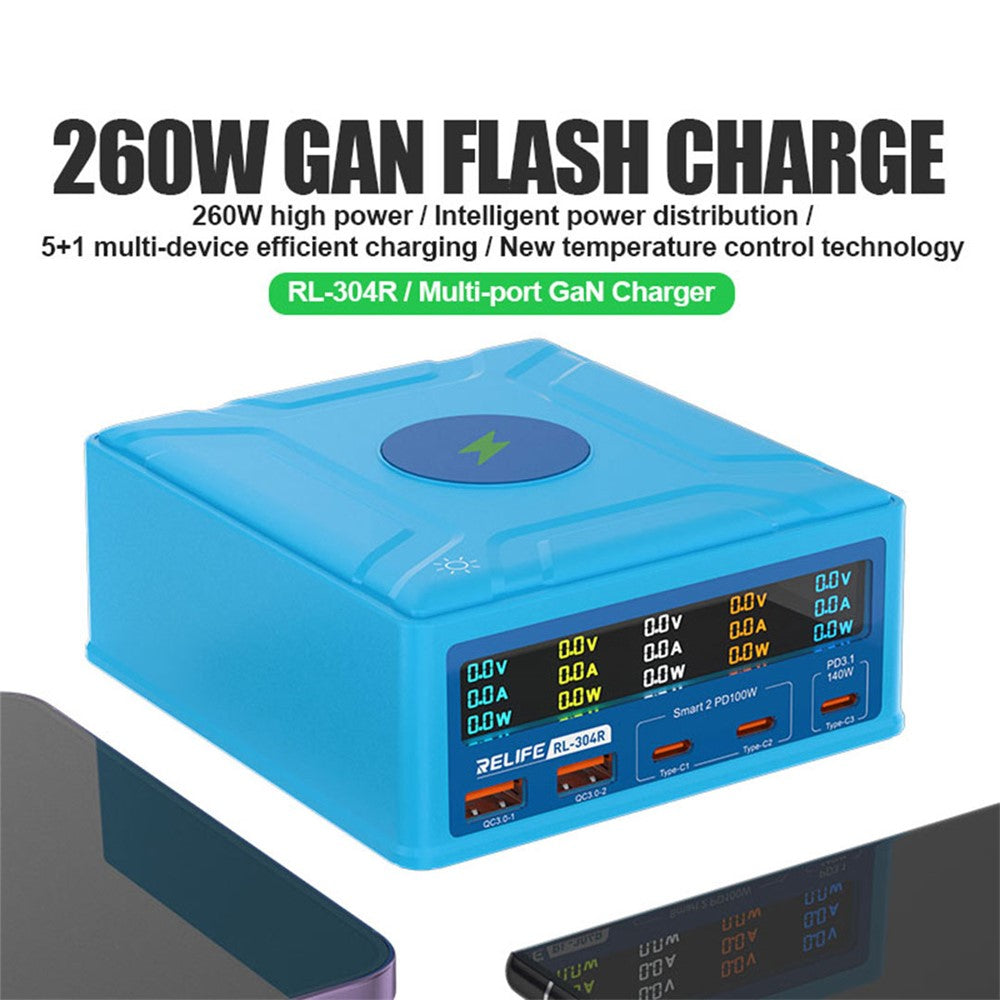 RELIFE RL-304R 260W GAN Charger Multi-Port Flash Charger 15W Wireless Charger with Touch LCD Display