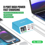 RELIFE RL-309A 8-Port High-Power Fast Charging Station LCD Display Desktop Charger for Cell Phone, Tablets, Laptops