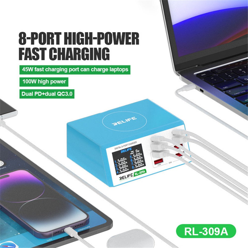 RELIFE RL-309A 8-Port High-Power Fast Charging Station LCD Display Desktop Charger for Cell Phone, Tablets, Laptops