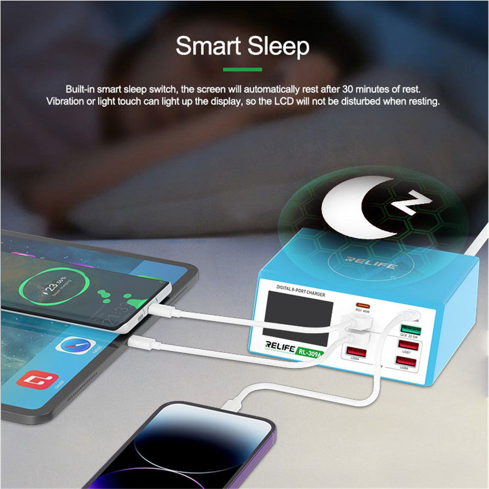 RELIFE RL-309A 8-Port High-Power Fast Charging Station LCD Display Desktop Charger for Cell Phone, Tablets, Laptops