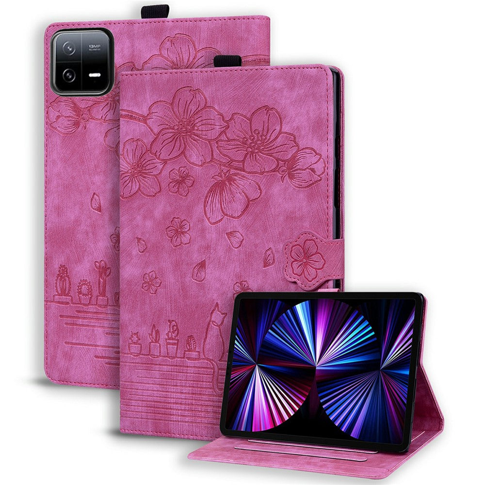 For Xiaomi Pad 7 Case Flip Stand Leather Phone Cover Cherry Blossom Cat Imprinted