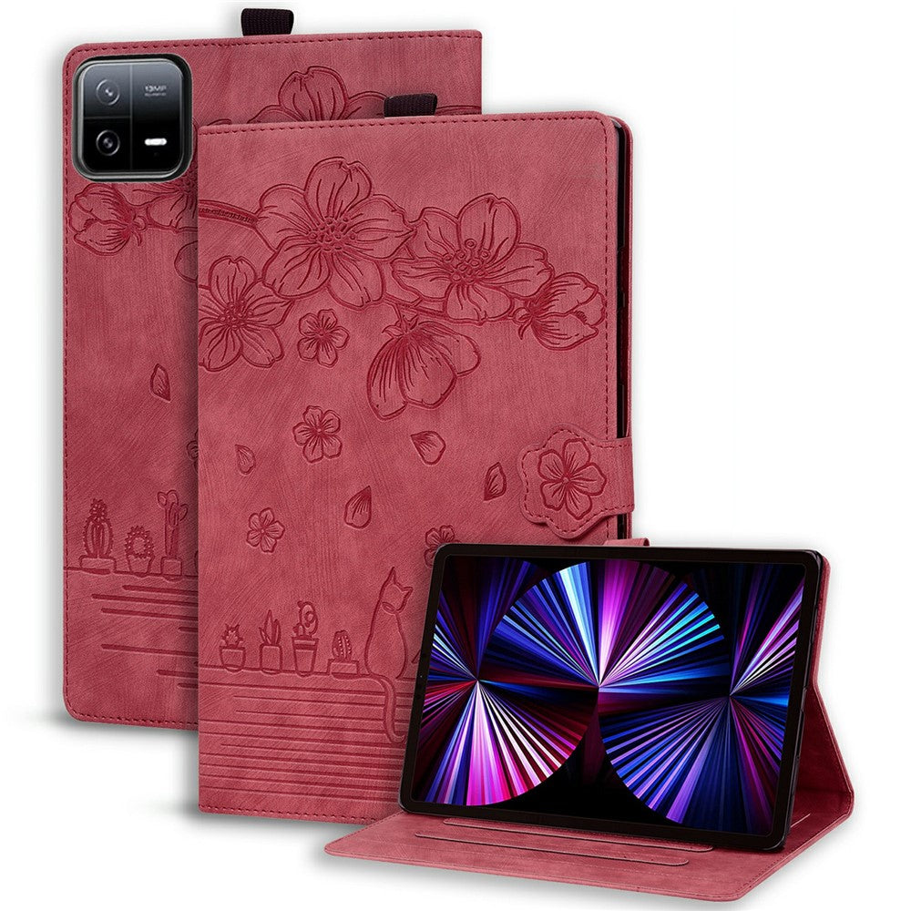 For Xiaomi Pad 7 Case Flip Stand Leather Phone Cover Cherry Blossom Cat Imprinted