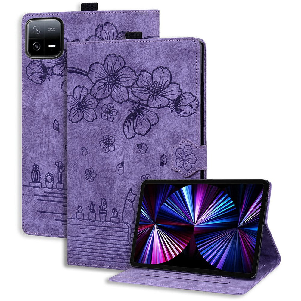For Xiaomi Pad 7 Case Flip Stand Leather Phone Cover Cherry Blossom Cat Imprinted