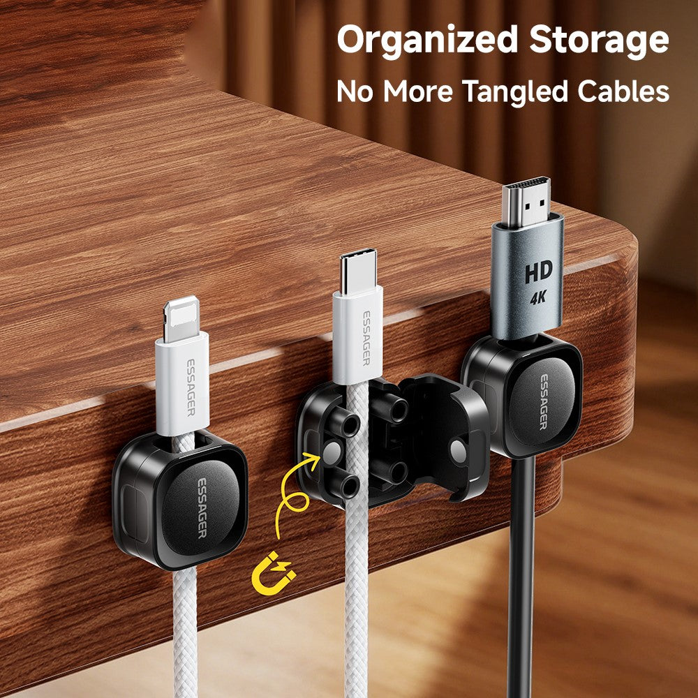 ESSAGER ES-ZL01 Magnetic Cable Organizer Desk Cord Holder with Strong Adhesive Backing 4 Rollers Wire Management Clip Keeper