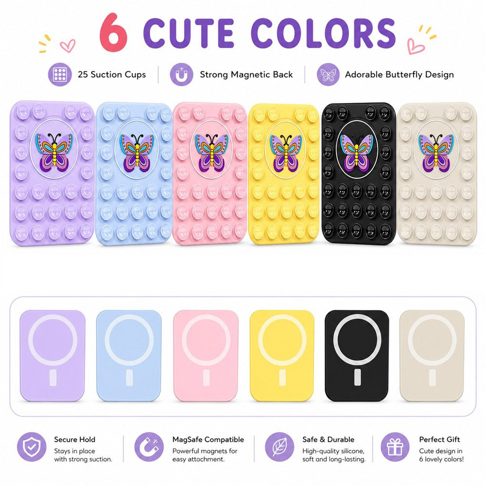 Butterfly Pattern Magnetic Suction Cup Phone Mount Compatible with MagSafe Case Silicone Sticky Grip Holder