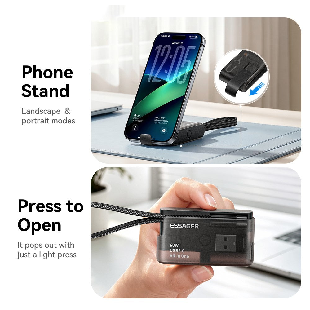 ESSAGER ES-OTG40 6-in-1 Adapter Kit with 60W Fast Charging Cable SIM Card Storage Kit and Phone Stand