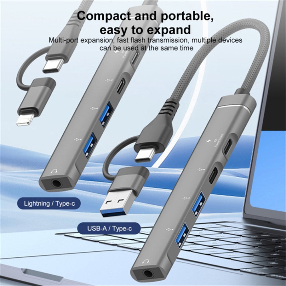 Type-C / USB-A 5-in-1 USB Hub Type-C Charging + Type-C Data + 2xUSB + 3.5mm Headset Jack Adapter