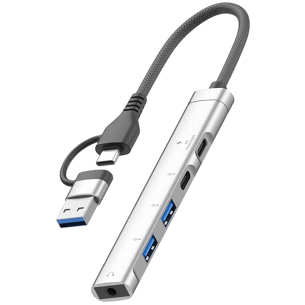 Type-C / USB-A 5-in-1 USB Hub Type-C Charging + Type-C Data + 2xUSB + 3.5mm Headset Jack Adapter