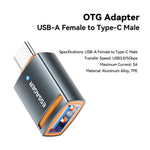 ESSAGER USB Female to Type-C Male Adapter Aluminum Alloy OTG Connector