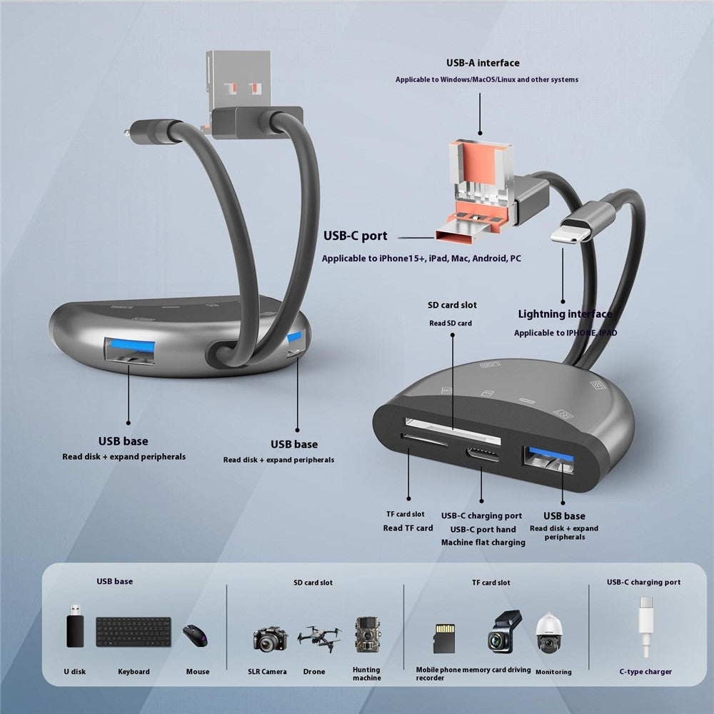 NK1052TL Pro 3-in-1 USB + Type-C + iP to SD / TF Card Reader Data Transfer Adapter for Phones Tablets Computers