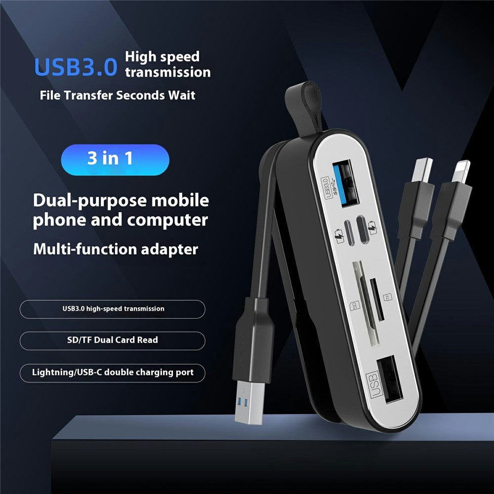 NK1058 3-in-1 USB 3.0 + USB-C + iP to SD / TF Card Reader USB Splitter Adapter for Mouse Keyboard