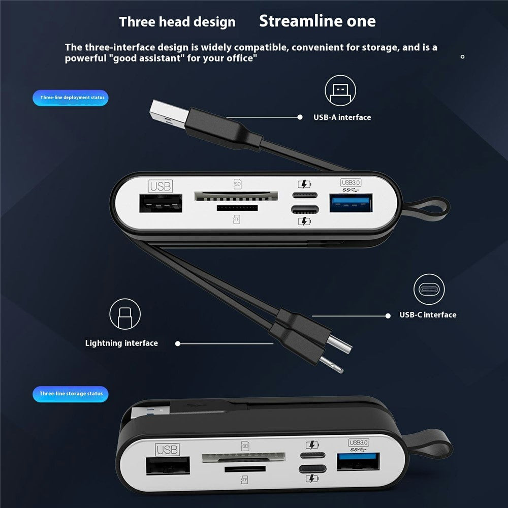 NK1058 3-in-1 USB 3.0 + USB-C + iP to SD / TF Card Reader USB Splitter Adapter for Mouse Keyboard