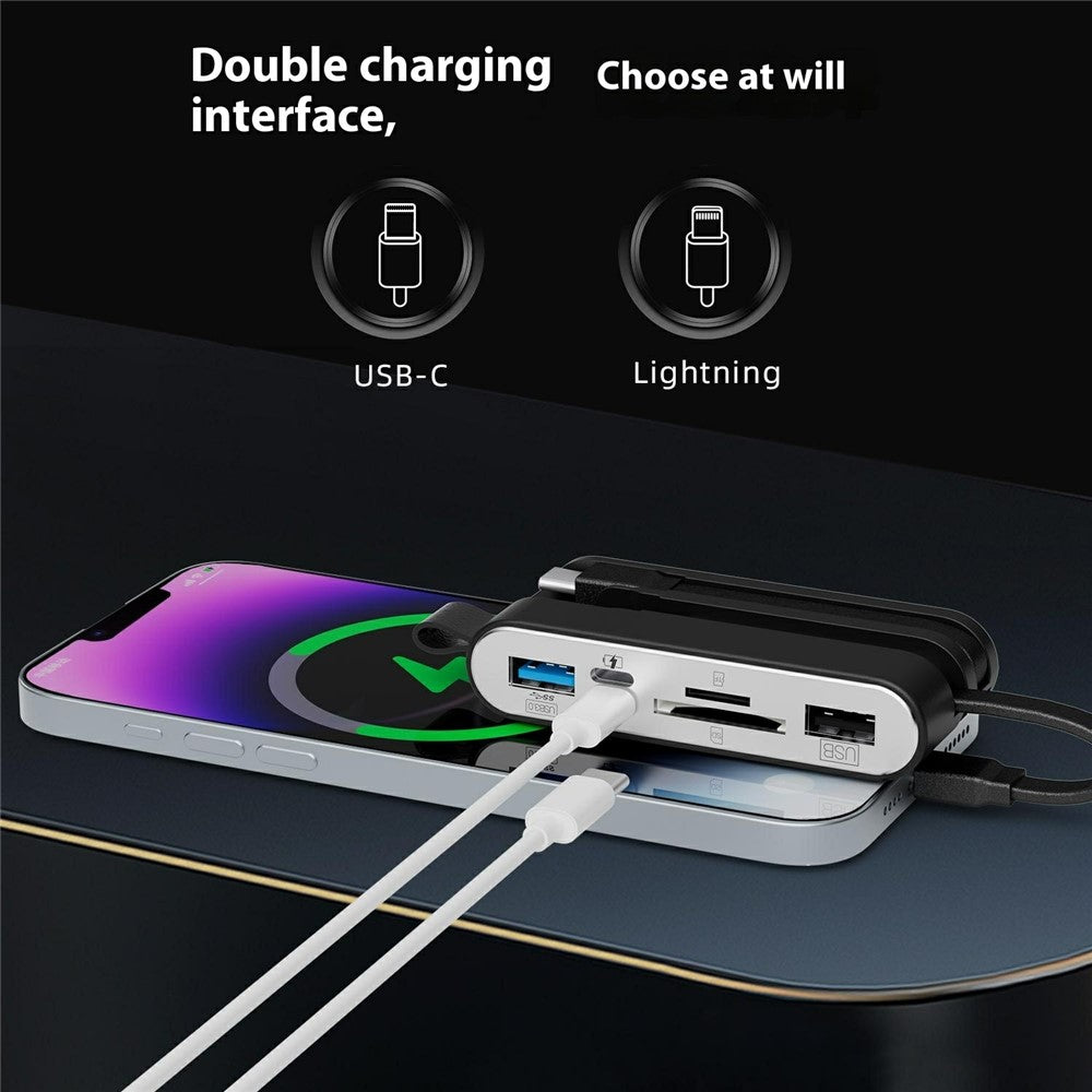 NK1058 3-in-1 USB 3.0 + USB-C + iP to SD / TF Card Reader USB Splitter Adapter for Mouse Keyboard