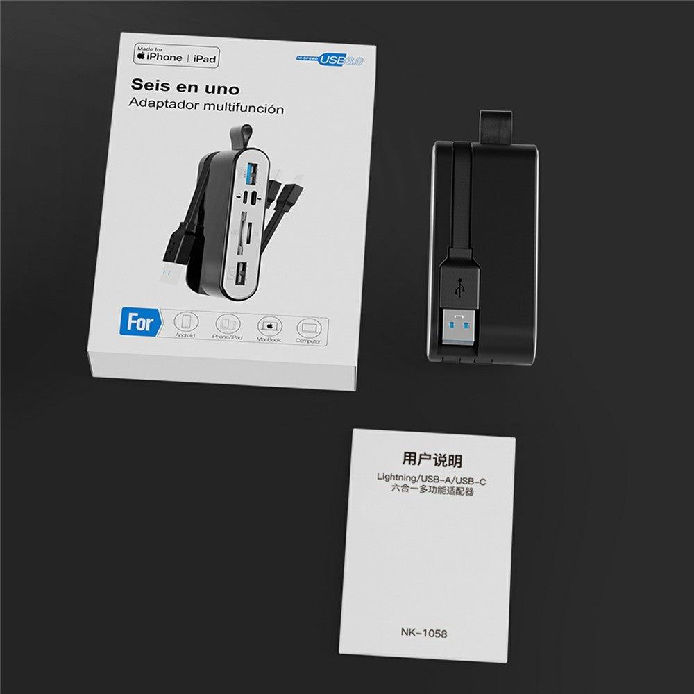 NK1058 3-in-1 USB 3.0 + USB-C + iP to SD / TF Card Reader USB Splitter Adapter for Mouse Keyboard