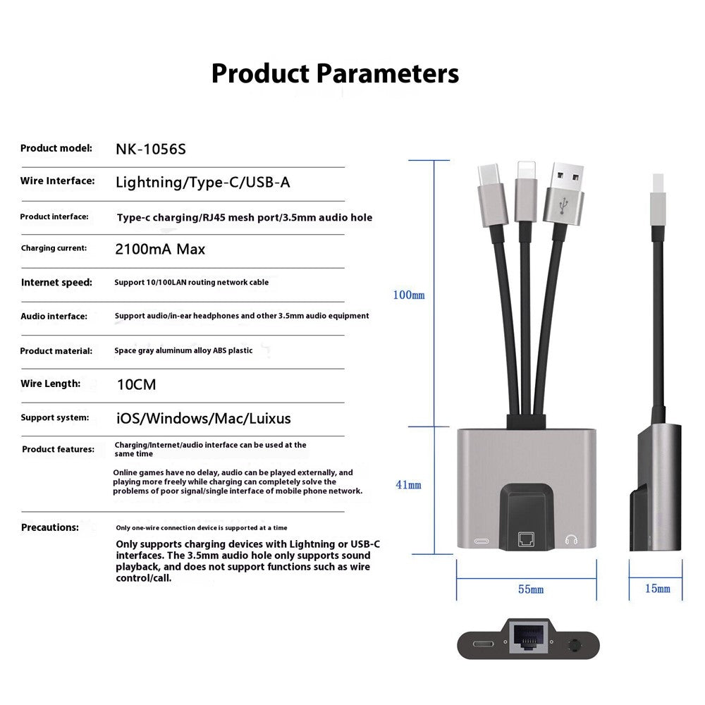 NK-1056S iP  /  USB-A  /  Type-C 3-in-1 Ethernet Adapter with 3.5mm Audio Jack for Windows / Mac OS / Phone / Pad